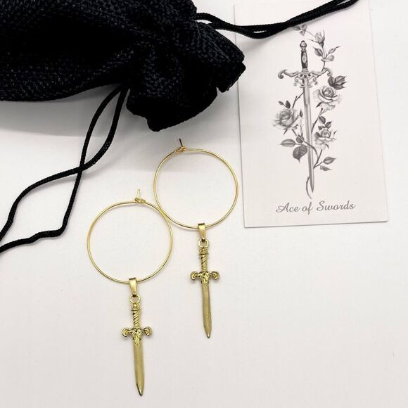 Large (30mm) Gold Drop Hoop Earrings with Excalibur Sword Pendants - Picture 1 of 2